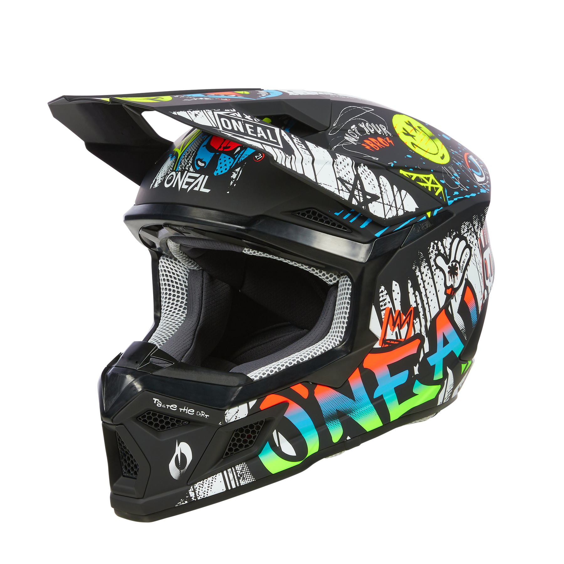 Der O'NEAL 3SRS Helm Kinder RANCID ist ein sicherer, schwarzer Motocross-Helm für Kinder mit Visier von O'NEAL, der mit bunten Graffiti-Grafiken, weißen Handmotiven und markanten Designs an den Seiten und oben überzeugt.