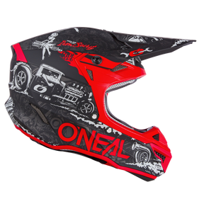 The O'NEAL 5SRS Polyacrylite Helmet HR is a black and red motocross helmet with vintage and pin-up girl graphics, a large red "ONEAL" logo on the side, a robust ABS construction and an extended front visor.