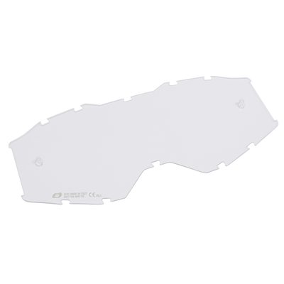 L'occhialino O'NEAL B-10 - Lente di ricambio è una lente in plastica trasparente e quadrata con due piccole chiusure, diverse tacche intorno ai bordi e un logo O'NEAL con testo nell'angolo in basso a sinistra su sfondo nero.