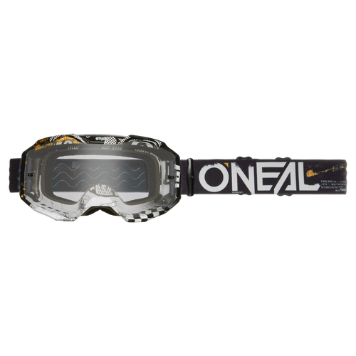 Les lunettes O'NEAL B-10 ATTACK ont une monture noire et claire, des verres transparents et une bande noire avec le logo O'NEAL blanc et des détails à carreaux O'NEAL.