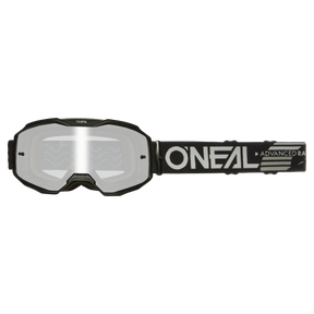 The O'NEAL B-10 Goggles SOLID motocross goggles feature a wide, clear lens and an adjustable black strap with the white "O'NEAL" logo and "ADVANCED" lettering - the ideal MX or MTB goggles for versatile riders.