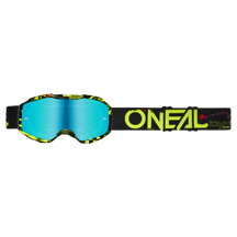 Die O'NEAL B-10 Brille Kinder ATTACK überzeugt mit blau getönter Scheibe, schwarz-gelbem Muster und schwarzem Band mit gelbem O'NEAL Logo - idealer Schutz für junge Fahrer.