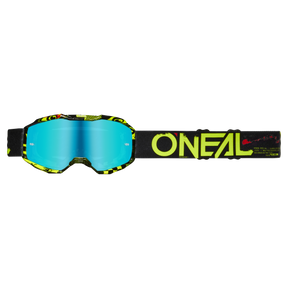 Die O'NEAL B-10 Brille Kinder ATTACK überzeugt mit blau getönter Scheibe, schwarz-gelbem Muster und schwarzem Band mit gelbem O'NEAL Logo - idealer Schutz für junge Fahrer.