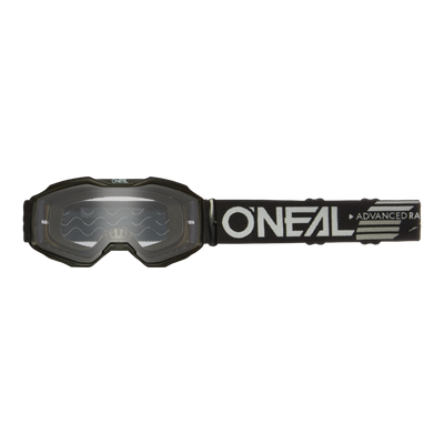 Occhiali O'NEAL B-10 Bambini Solid - occhiali da motocross neri per giovani piloti con lenti chiare e cinturino regolabile. Il cinturino riporta la scritta "#ONEAL" e "ADVANCED RA" in bianco. Protezione robusta, specialmente per i Bambini.