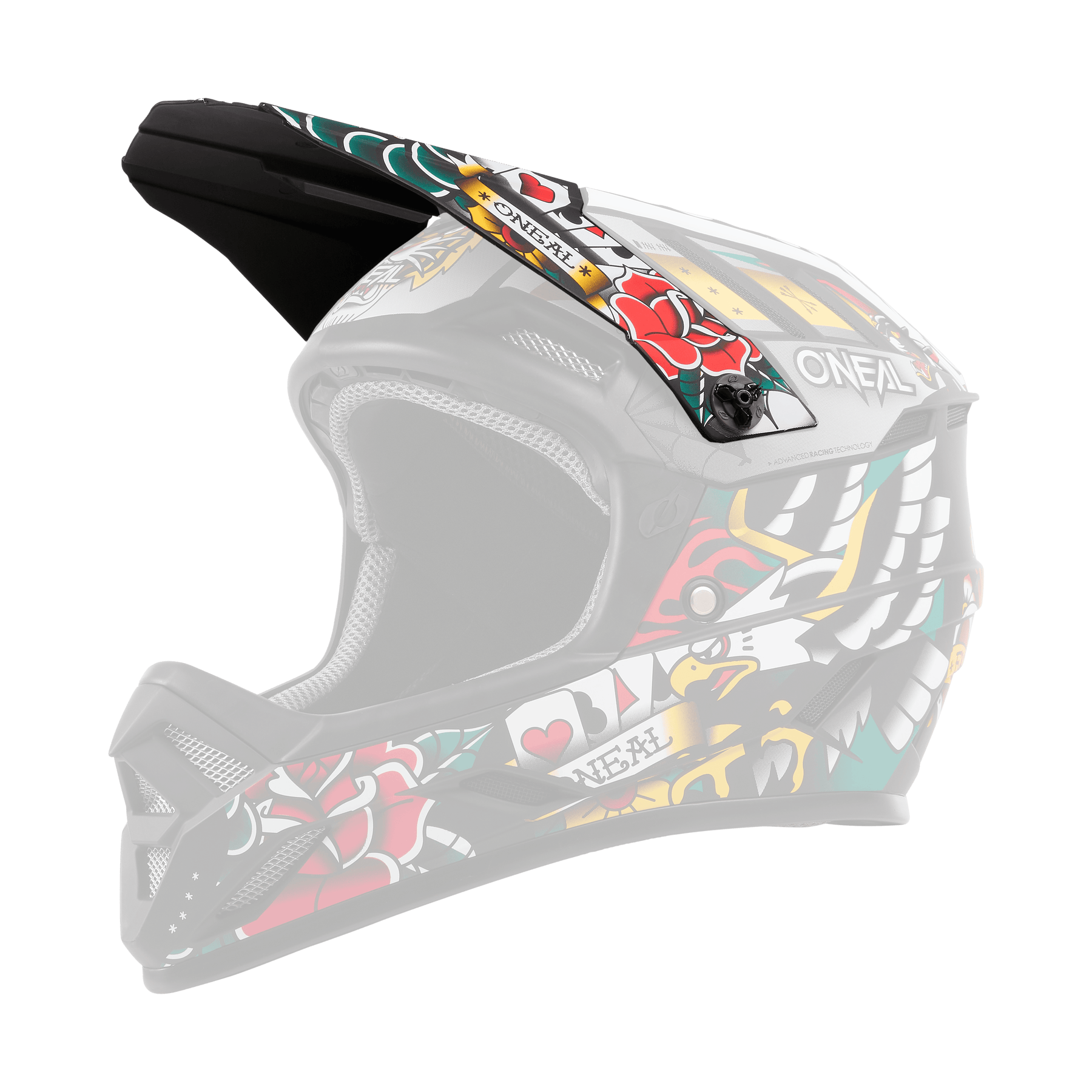 El Casco O'NEAL Visor Backflip Inked es un casco de motocross colorido con motivos inspirados en tatuajes -rosas, corazones, un águila y naipes- en los colores rojo, verde, amarillo, negro y blanco. La inscripción O'NEAL está situada en el lateral.