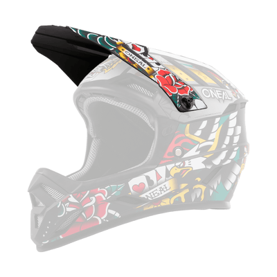 El Casco O'NEAL Visor Backflip Inked es un casco de motocross colorido con motivos inspirados en tatuajes -rosas, corazones, un águila y naipes- en los colores rojo, verde, amarillo, negro y blanco. La inscripción O'NEAL está situada en el lateral.