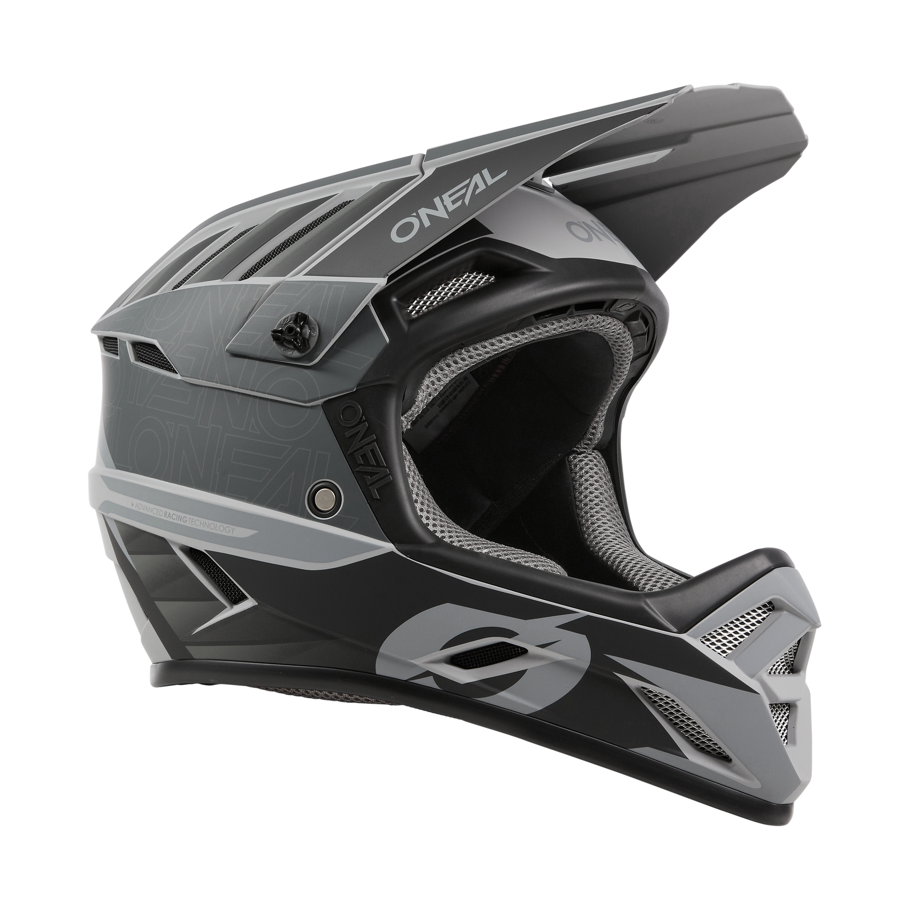 Der O'NEAL BACKFLIP Helm ECLIPSE ist ein schwarz-grauer Fullface-MTB-Helm mit Visier, Belüftungslöchern und O'NEAL-Branding - perfekt für Motocross oder Mountainbiking.