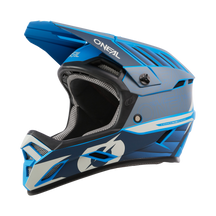 The O'NEAL BACKFLIP helmet ECLIPSE is a blue and black mountain bike helmet with white accents, visor, ventilation openings, padded interior and full face protection - ideal for any MTB adventure.