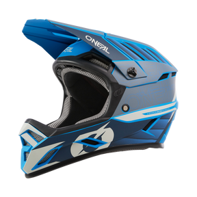 The O'NEAL BACKFLIP helmet ECLIPSE is a blue and black mountain bike helmet with white accents, visor, ventilation openings, padded interior and full face protection - ideal for any MTB adventure.