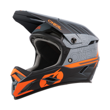The O'NEAL BACKFLIP helmet ECLIPSE is a black and gray full-face MTB helmet with bright orange accents, a visor and large ventilation at the front, designed for mountain bikes or downhills.