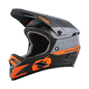 The O'NEAL BACKFLIP helmet ECLIPSE is a black and gray full-face MTB helmet with bright orange accents, a visor and large ventilation at the front, designed for mountain bikes or downhills.