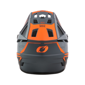 Top view of the O'NEAL BACKFLIP helmet ECLIPSE in matt black and orange, with ventilation slits, angular design, geometric side patterns and "ENJOY RIDE." on the top - ideal for any mountain bike adventure.
