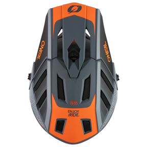 Top view of a modern gray-orange watercraft with "ENJOY THE RIDE", "1970" and "ONEAN" - a perfect addition for O'NEAL BACKFLIP helmet ECLIPSE fans or O'NEAL MTB enthusiasts.