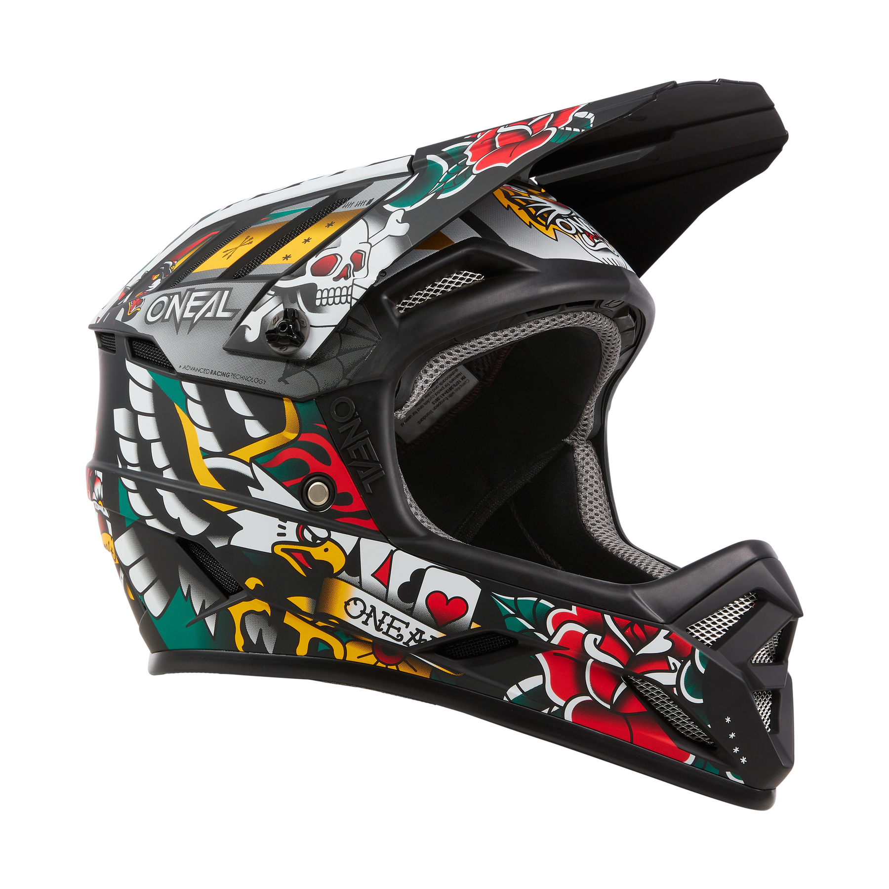 Der O'NEAL BACKFLIP Helm INKED ist ein schwarzer Motocross-Helm mit tätowierten Rosen, Totenköpfen, Spielkarten und auffälligen Mustern in Rot, Weiß, Gelb und Grün - perfekt als MTB-Helm für Mountainbike-Abenteuer.