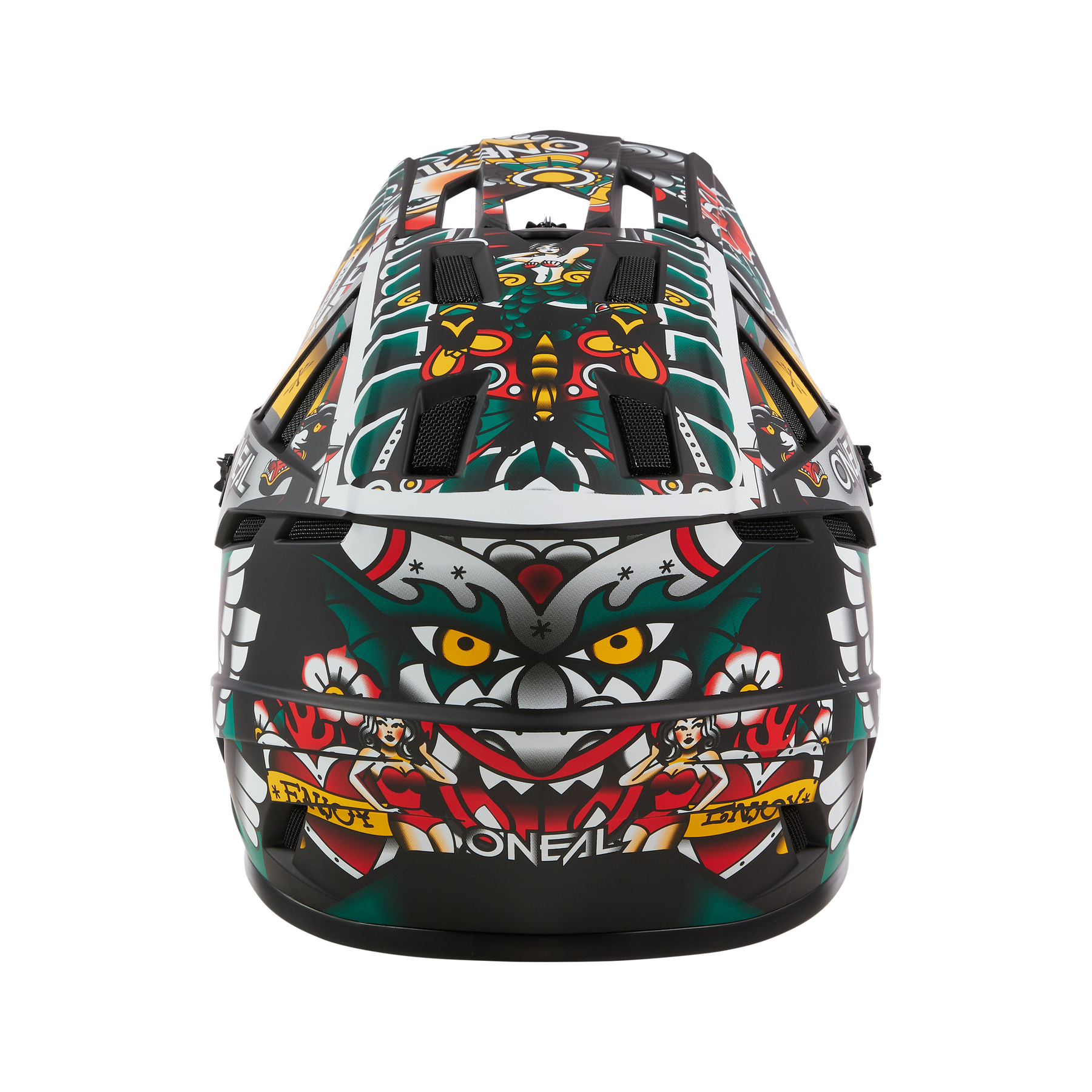 Der O'NEAL BACKFLIP Helm INKED besticht durch eine kräftige, farbenfrohe Tiergrafik - gelbe Augen und verschlungene Muster in Rot, Grün, Weiß und Gelb auf Schwarz. Auf der Rückseite stehen "O'NEAL" und "ENDURO" - ideal für Mountainbike-Abenteuer.