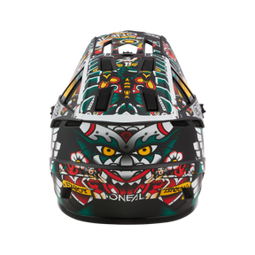 The O'NEAL BACKFLIP helmet INKED stands out with its bold, colorful animal graphics - yellow eyes and intricate patterns in red, green, white and yellow on black. "O'NEAL" and "ENDURO" are written on the back - ideal for mountain bike adventures.