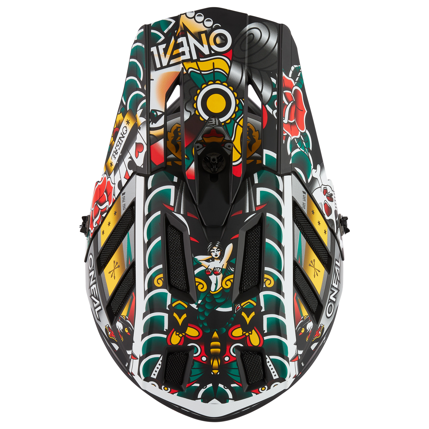 Ein schwarzer Jetski von oben gesehen, verziert mit kräftigen, von Tattoos inspirierten roten, grünen, gelben und weißen Blumen- und geometrischen Mustern. Der Schriftzug "O'NEAL" ist an den Seiten angebracht und spiegelt den charakteristischen Stil des O'NEAL BACKFLIP Helm INKED wider.
