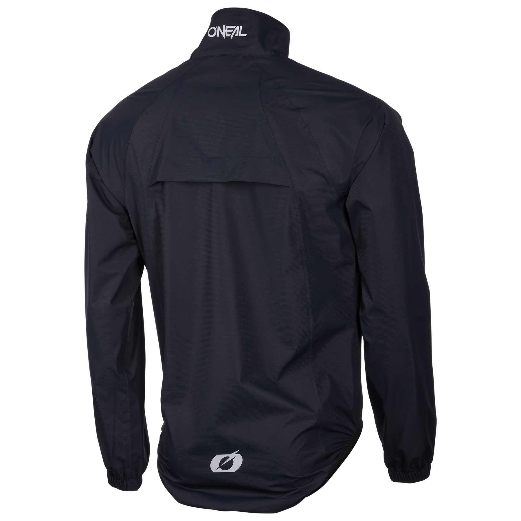 Die O'NEAL BREEZE WP Jacke ist von hinten in schwarz abgebildet, mit dem "ONEAL"-Logo am Kragen und einem kleinen weißen Logo am unteren Rücken. Sie ist aus atmungsaktivem Material gefertigt und verfügt über elastische Bündchen und eine belüftete obere Rückenklappe.
