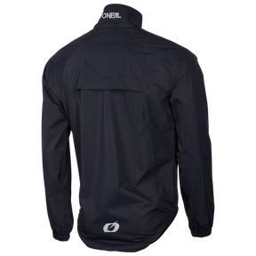 Die O'NEAL BREEZE WP Jacke ist von hinten in schwarz abgebildet, mit dem "ONEAL"-Logo am Kragen und einem kleinen weißen Logo am unteren Rücken. Sie ist aus atmungsaktivem Material gefertigt und verfügt über elastische Bündchen und eine belüftete obere Rückenklappe.