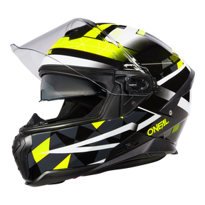 Le casque O'NEAL CHALLENGER EXO est représenté de profil et dispose d'un motif géométrique noir, jaune et blanc, d'une visière claire et du nom de la marque O'NEAL sur le côté - idéal pour chaque sortie à vélo.