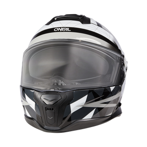Le casque O'NEAL CHALLENGER EXO est un casque à visière intégrale pour ton vélo avec un motif géométrique en noir, blanc et gris, une visière claire et le logo O'NEAL sur le front.