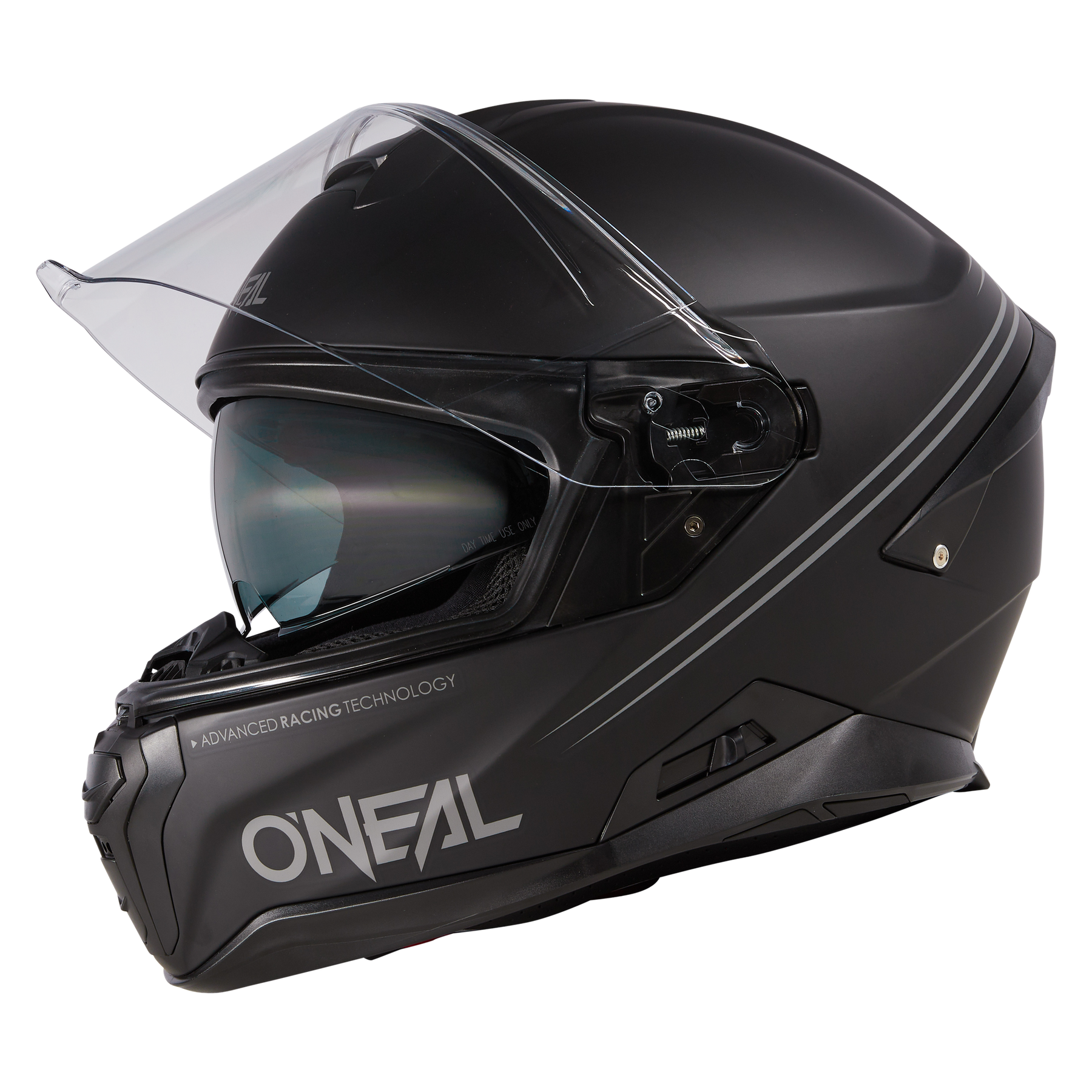Der O'NEAL CHALLENGER Helm SOLID ist ein schwarzer Fahrradhelm mit klarem Visier, getönter innerer Sonnenblende, aerodynamischem Design und O'NEAL"-Schriftzug sowie Advanced Racing Technology"-Text an der Seite.