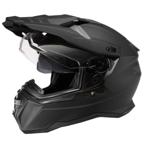 Il casco O'NEAL D-SRS Solid è un casco integrale nero opaco con visiera trasparente, design angolare e mentoniera estesa, mostrato in una vista laterale.