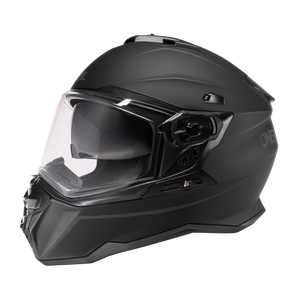 Il casco O'NEAL D-SRS Solid è un casco integrale nero opaco di O'NEAL con visiera trasparente, design sottile e aperture di ventilazione visibili. Viene mostrato di lato su uno sfondo bianco.