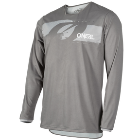 El maillot O'NEAL Element FR HYBRID es un maillot de manga larga para BTT de color gris claro con el logotipo O'NEAL y un motivo abstracto en el pecho, ideal para enduro o descenso, representado sobre un fondo en blanco.