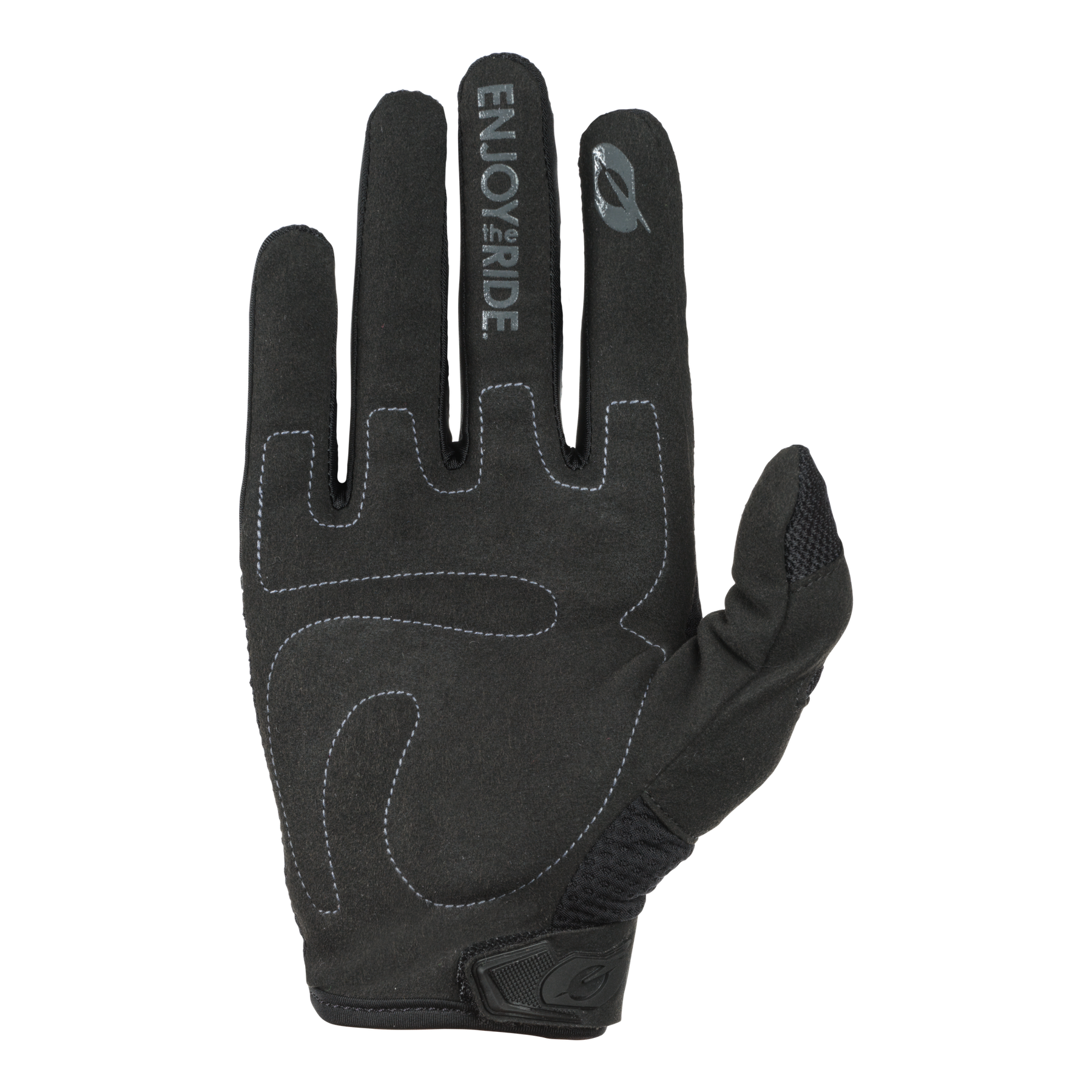 Der O'NEAL ELEMENT Handschuh RACEWEAR, ein schwarzer Handschuh mit weißen Nähten, "ENJOY the RIDE"-Schriftzug und kleinem Blatt-Logo auf dem Zeigefinger, wird mit der Handfläche nach oben gezeigt - eine stilvolle Wahl für das Mountainbiken.