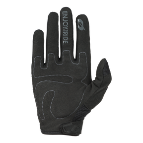 Der O'NEAL ELEMENT Handschuh RACEWEAR, ein schwarzer Handschuh mit weißen Nähten, "ENJOY the RIDE"-Schriftzug und kleinem Blatt-Logo auf dem Zeigefinger, wird mit der Handfläche nach oben gezeigt - eine stilvolle Wahl für das Mountainbiken.