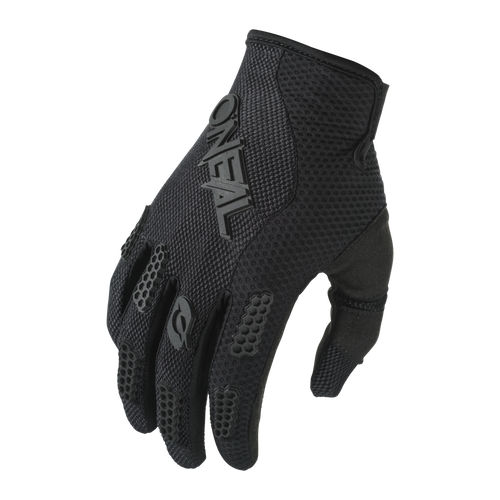 Der schwarze O'NEAL ELEMENT Handschuh RACEWEAR von O'NEAL, perfekt für Mountainbike oder Motocross, zeichnet sich durch strukturierten Grip und atmungsaktives Mesh aus, hier in der schrägen Draufsicht auf einfarbigem Hintergrund.