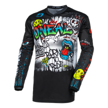 El maillot O'NEAL Element Rancid es una camiseta de motocross de manga larga con brillantes gráficos de graffiti, material transpirable para una gran comodidad de uso y llamativos estampados "O'NEAL" y "BORN TO RIDE".