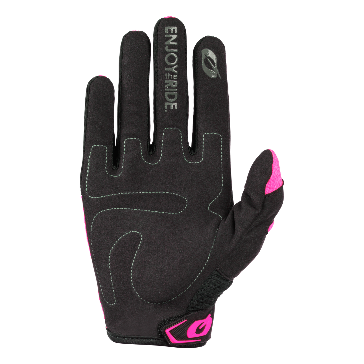 Le gant O'NEAL ELEMENT Women's RACEWEAR est un gant O'NEAL noir avec des accents roses, des coutures blanches et "ENJOY THE RIDE" sur l'index - idéal comme gant de VTT ou de motocross.