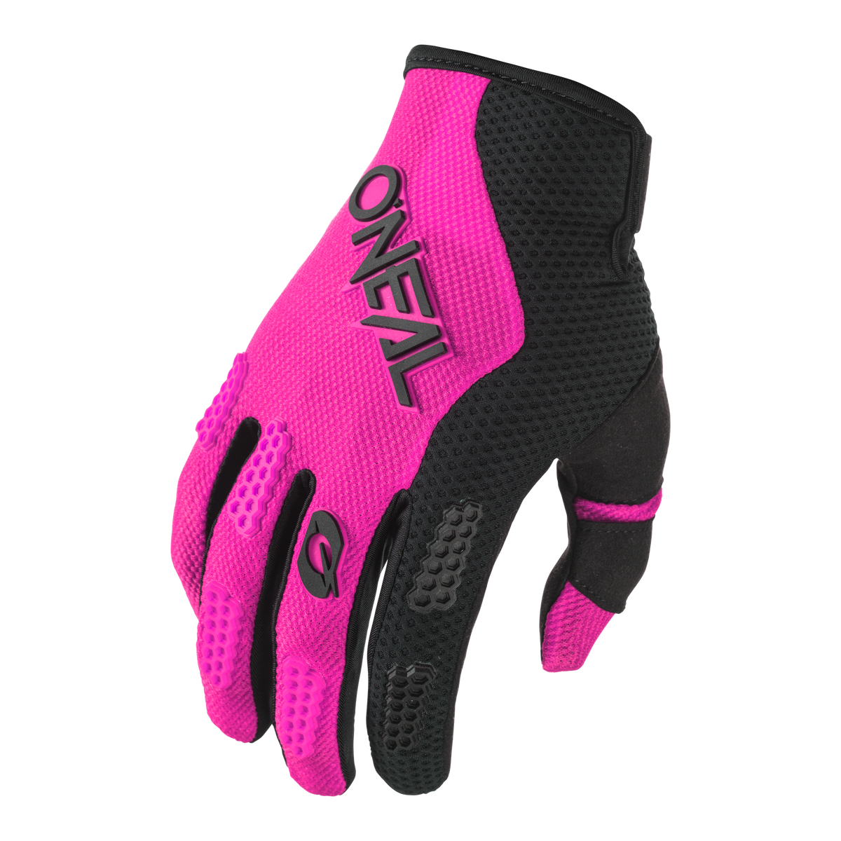 Le gant O'NEAL ELEMENT Women's RACEWEAR en noir et rose vif se caractérise par des poignées structurées, des inserts en filet et le logo O'NEAL sur le dos de la main, visible sur un fond noir simple.