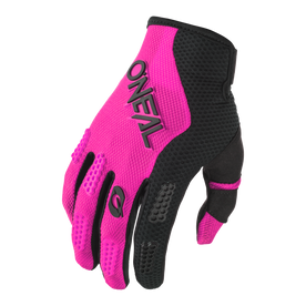 The O'NEAL ELEMENT Women's RACEWEAR glove in black and bright pink is characterized by textured grips, mesh inserts and the O'NEAL logo on the back of the hand, which can be seen on a plain black background.