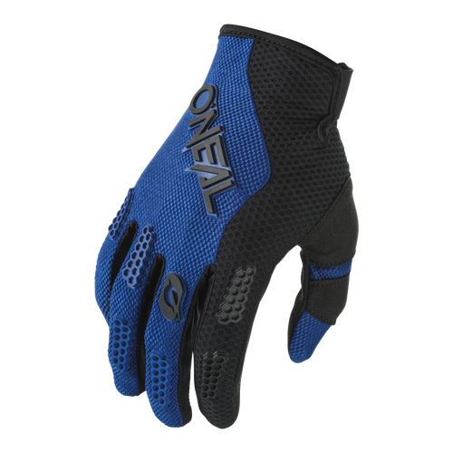 Ein schwarz-blauer O'NEAL ELEMENT Handschuh Kinder RACEWEAR Rad- oder Motocross-Handschuh für die rechte Hand, mit strukturiertem Griff und atmungsaktivem Material, wird vor einem schwarzen Hintergrund dargestellt.