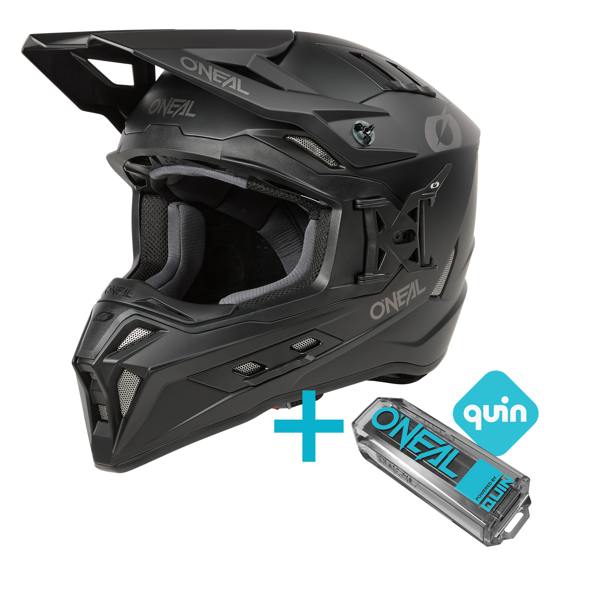Il casco integrale O'NEAL EX-SRS Solid Quin Bundle è raffigurato insieme a un dispositivo Quin blu e nero, che sottolinea la sua compatibilità con la tecnologia di sicurezza Quin Pro Smart Sensor.