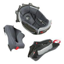 O'NEAL Liner & Cheek Pads 3SRS Jugendhelm, mit drei gepolsterten schwarzen und grauen, herausnehmbaren Innenschalen mit Mesh-Abschnitten und roten Akzenten, abgebildet auf weißem Hintergrund.
