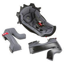 Das O'NEAL Liner & Cheek Pads EX-SRS Helmet Set enthält ein graues gepolstertes Innenfutter mit schwarzen Mesh-Rändern, zwei abnehmbare Wangenpolster und ein schwarzes inneres Stützteil - ideal, um den Innenkomfort Ihres O'NEAL-Helms zu erhöhen.