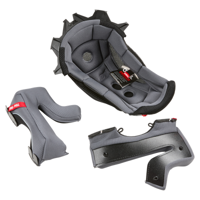 Das O'NEAL Liner & Cheek Pads EX-SRS Helmet Set enthält ein graues gepolstertes Innenfutter mit schwarzen Mesh-Rändern, zwei abnehmbare Wangenpolster und ein schwarzes inneres Stützteil - ideal, um den Innenkomfort Ihres O'NEAL-Helms zu erhöhen.
