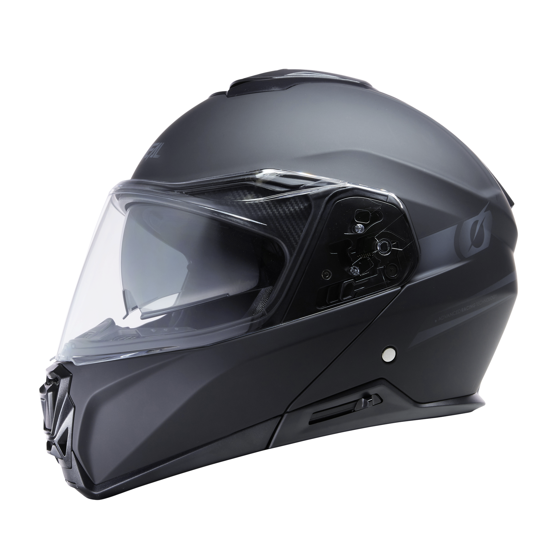 Der O'NEAL M-SRS Helm SOLID von O'NEAL ist ein mattschwarzer Integralhelm mit klarem Visier, aerodynamischer Form und seitlicher Belüftung sowie sichtbaren Mechanikdetails.