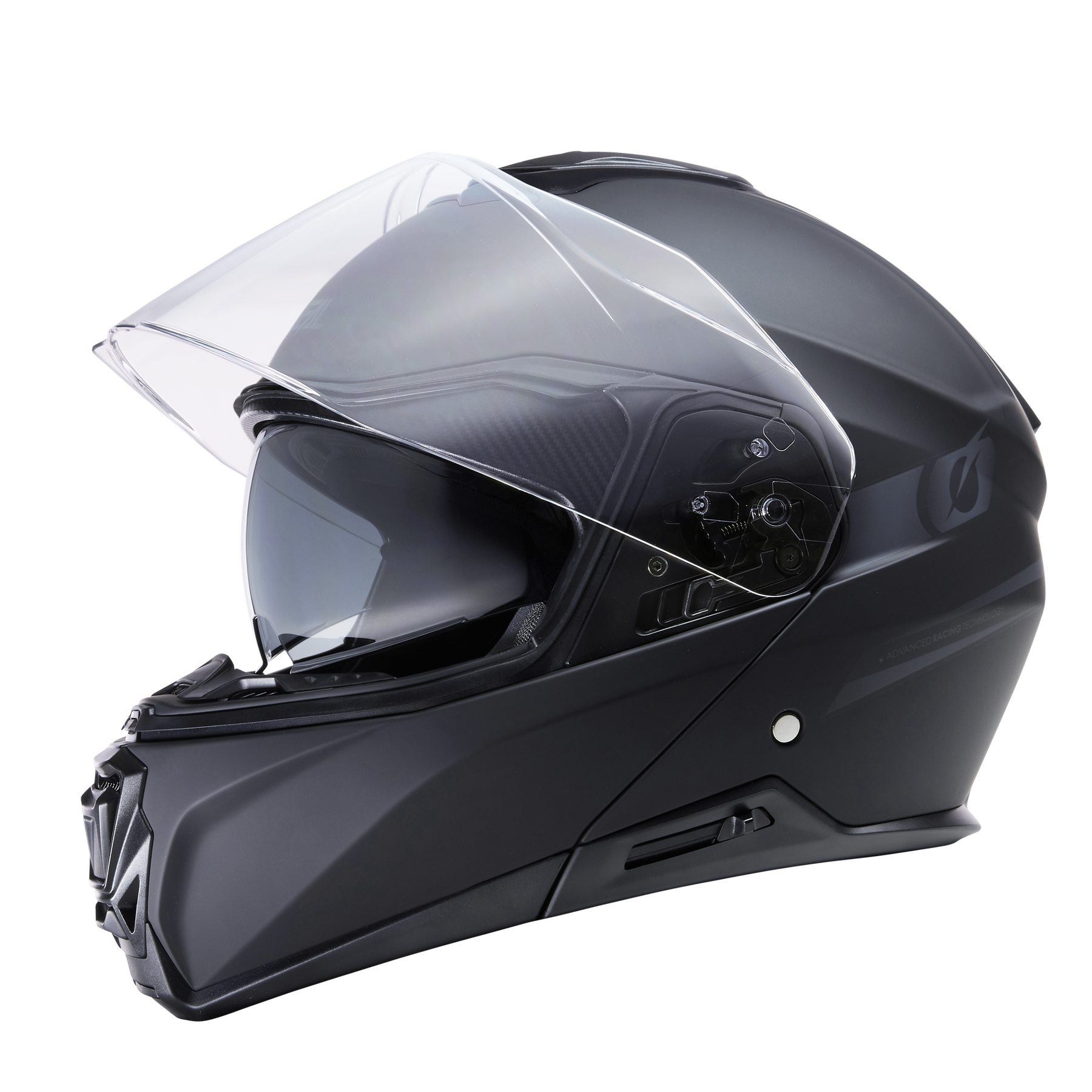 Ein mattschwarzer O'NEAL M-SRS Helm SOLID Vollvisier-Motorradhelm mit offenem, transparentem Visier, dargestellt im Profil vor weißem Hintergrund.
