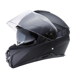 A matt black O'NEAL M-SRS helmet SOLID full-face motorcycle helmet with open, transparent visor, shown in profile against a white background.