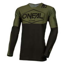 Das O'NEAL MAYHEM Jersey HEXX in Olivgrün und Schwarz zeigt "O'NEAL" und "ENJOY RIDE." auf der Brust, Logodetails an den Ärmeln und ist auf optimale Funktionalität ausgelegt.