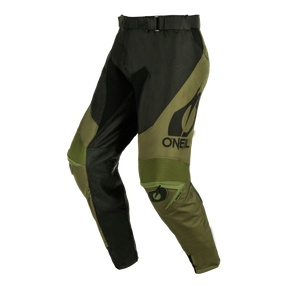 Gli O'NEAL Mayhem Trousers HExx sono pantaloni da motocross di colore verde oliva e nero con ginocchia rinforzate, logo sulla gamba sinistra e materiale traspirante, sviluppati da O'NEAL per il fuoristrada o lo sterrato.