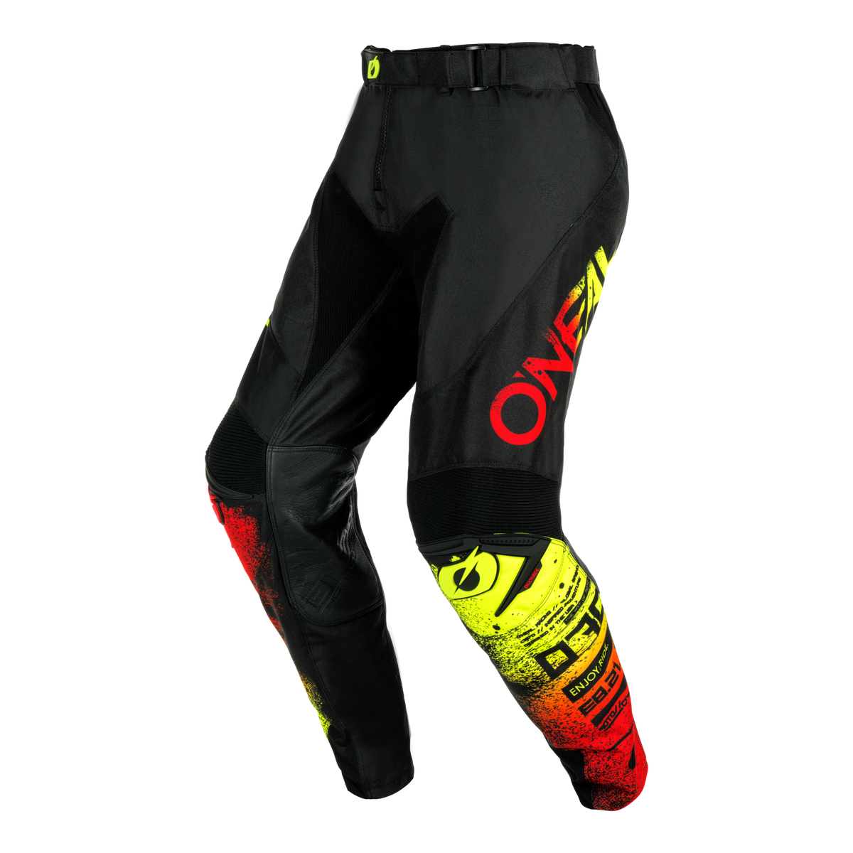 Die O'NEAL MAYHEM Hose SCARZ hat eine schwarze Basis mit roter, gelber und oranger Farbverlaufsgrafik, einen fetten "O'NEAL"-Schriftzug auf dem linken Bein, zusätzliche Logos auf dem rechten Oberschenkel und dem Knie und ist atmungsaktiv für komfortable Motocross-Fahrten.