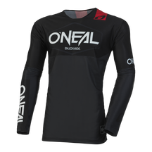 Das O'NEAL MAYHEM Jersey HEXX ist ein schwarzes Langarmtrikot mit auffälligen weißen "O'NEAL"-Logos auf der Brust und den Ärmeln, einem roten Akzent und "ENJOY.RIDE." unter dem Logo - von O'NEAL für High-Performance-Fahrten entwickelt.