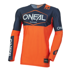El maillot personalizado O'NEAL Mayhem Hexx en naranja y azul oscuro presenta un llamativo gráfico sublimado con los logotipos de O'NEAL en el pecho, las mangas y la cintura, así como "ENJOY. RIDE." bajo el logotipo para añadir estilo.