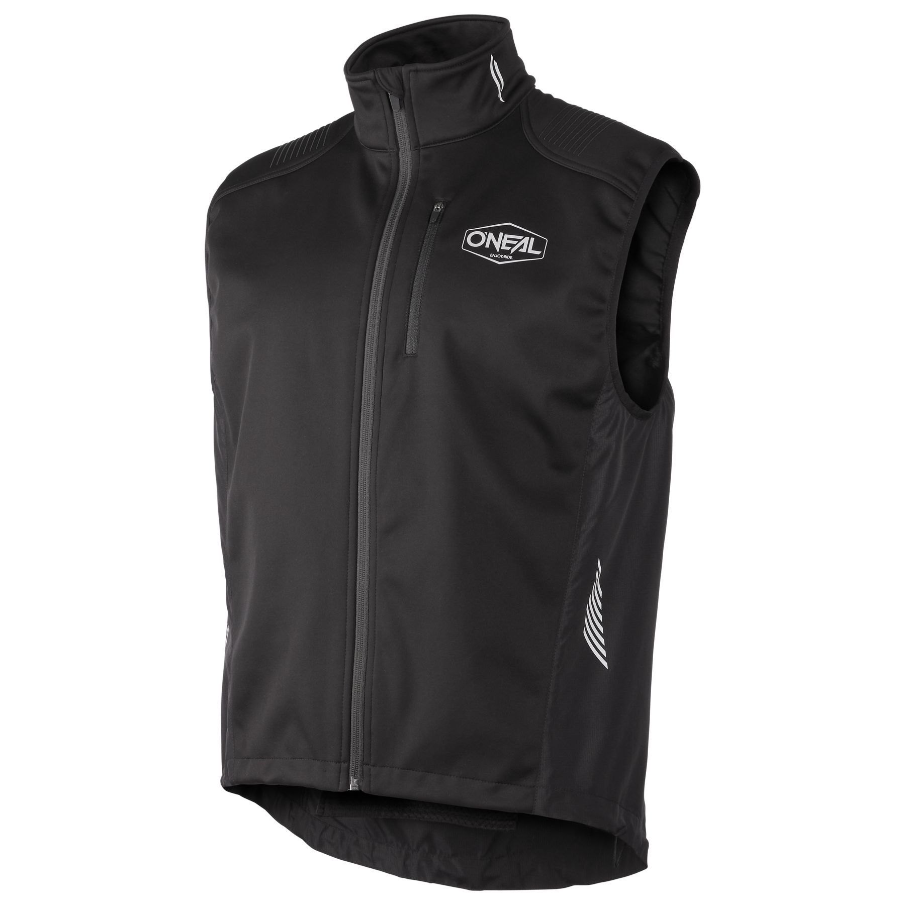 Die O'NEAL MTB Vest PRO ist eine schwarze, ärmellose Softshell-Weste mit Reißverschluss, hohem Kragen, Brusttasche und O'NEAL-Logo. Reflektierende weiße Akzente erhöhen die Sichtbarkeit - ideal für Mountainbike-Abenteuer.